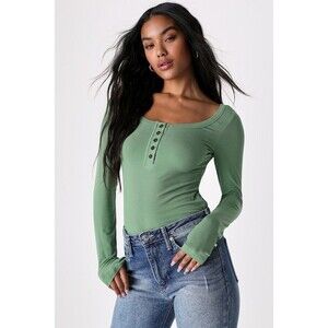 Lulus Everyday Update Green Ribbed Long Sleeve Cropped Henley Top - Size M